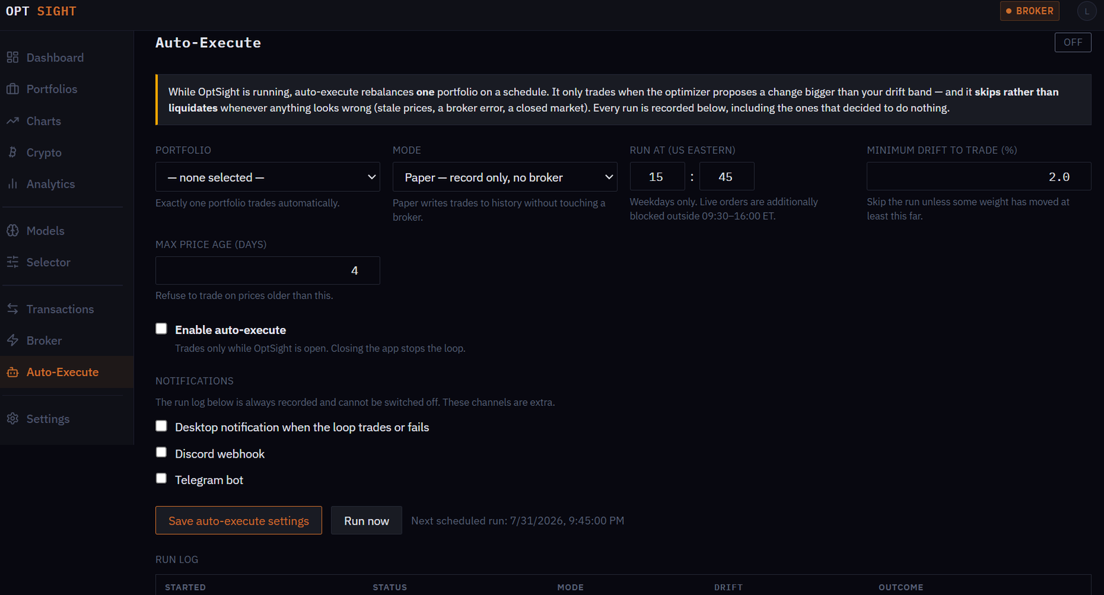Auto-Execute page showing the feature switched off, paper mode, drift and price-age guards, and the run log