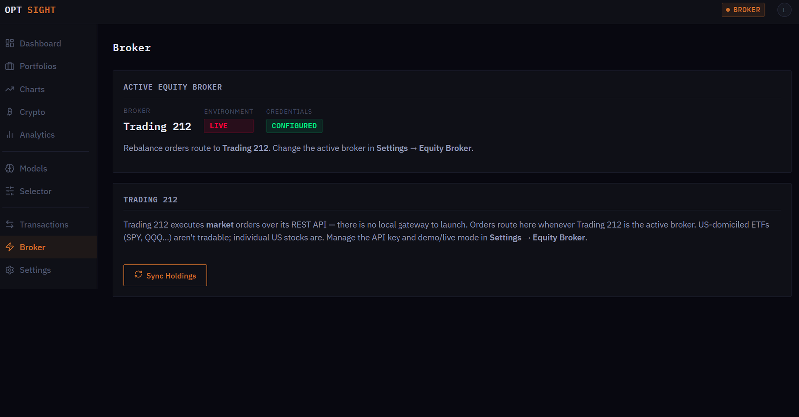 Broker page showing the active equity broker and its connection status