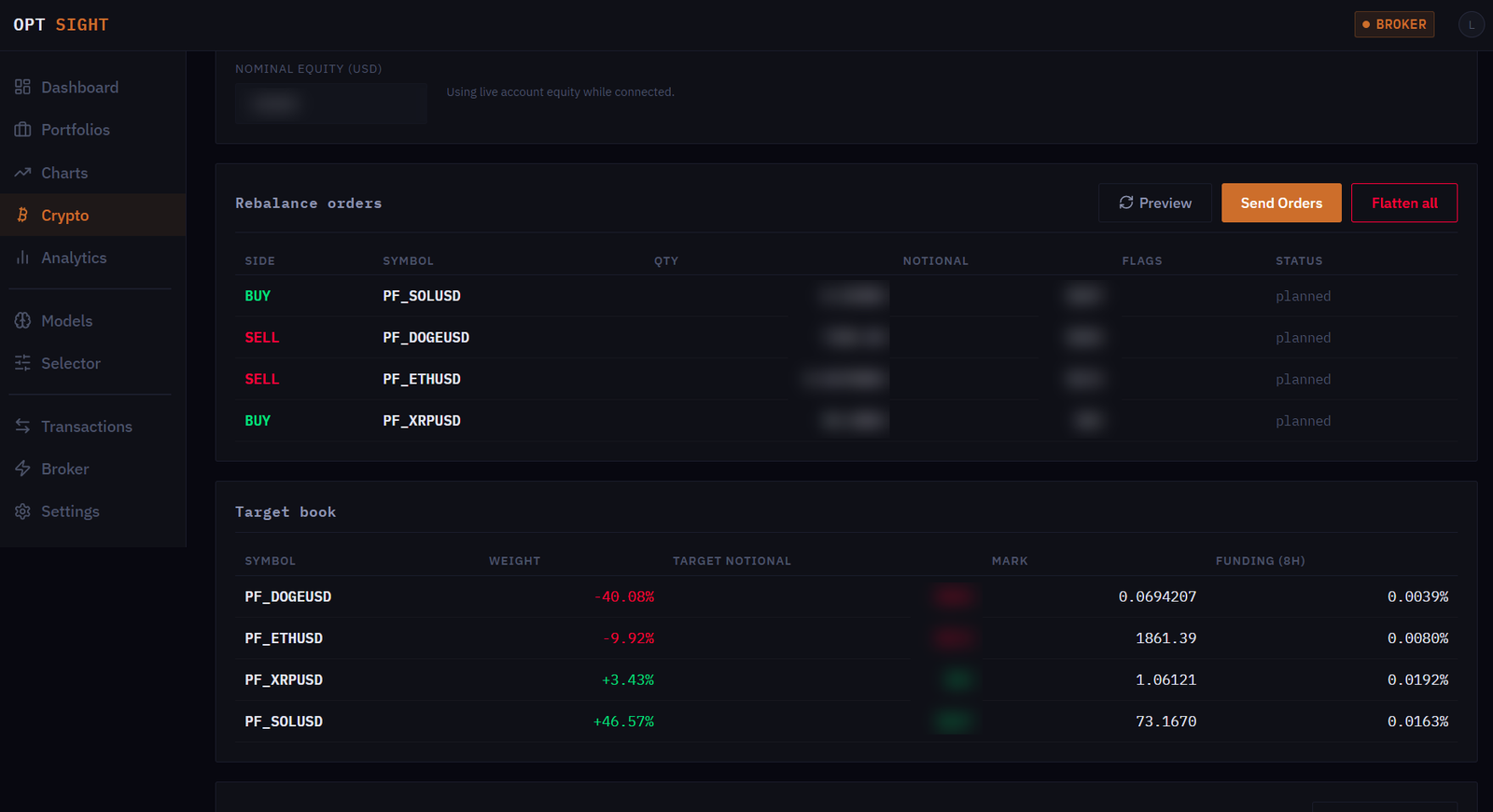 Crypto page listing planned rebalance orders and the target funding-carry book