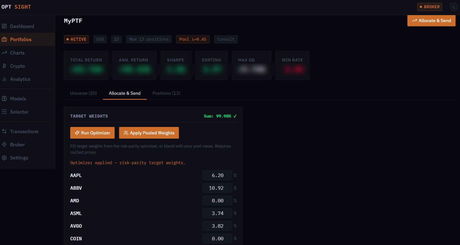 Portfolio page with target weights filled by the risk-parity optimizer